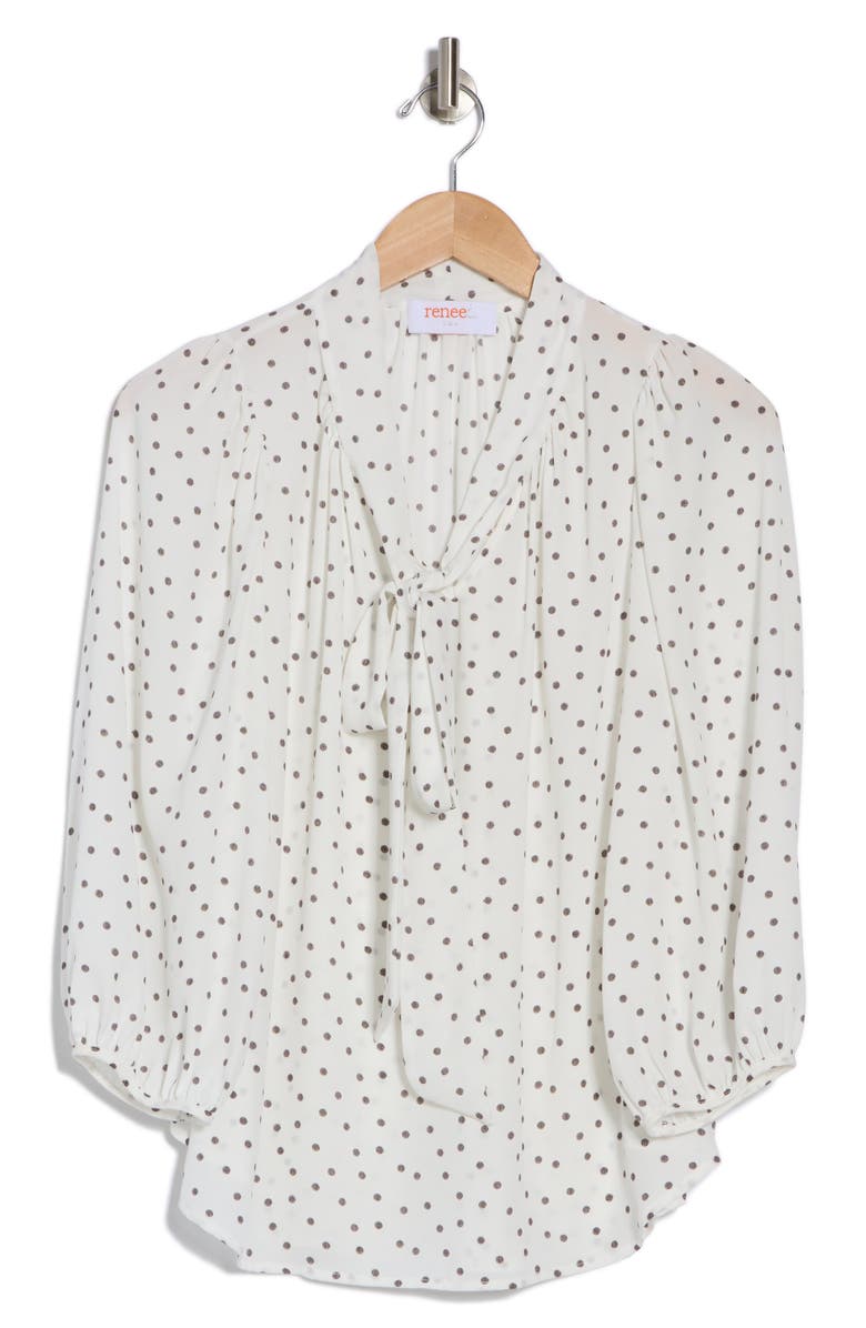 Renee C Polka Dot Tie Neck Top, Alternate, color, Ivory