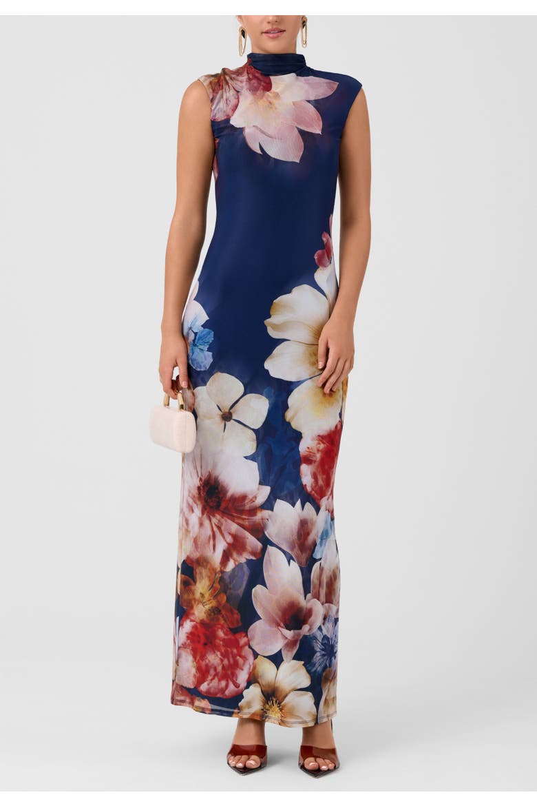 Coco Mock Neck Mesh Midi Dress, Main, color, Blue Floral