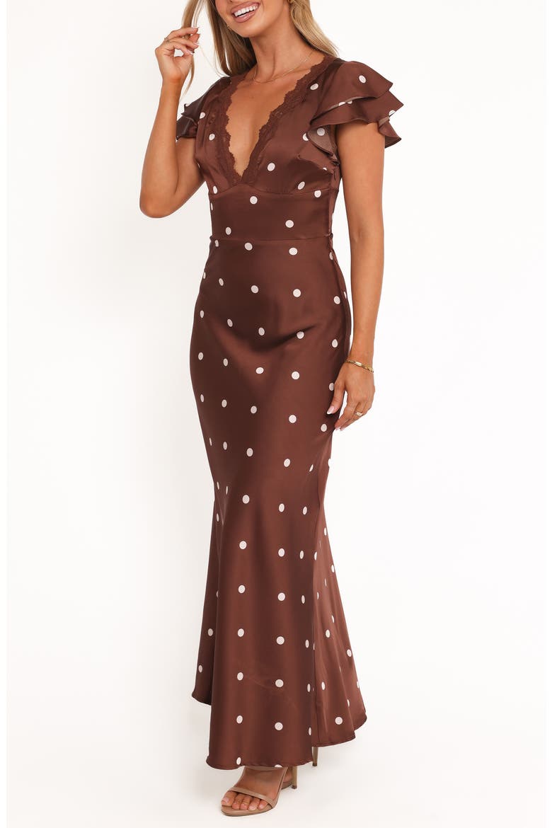 Arella Dot Satin Maxi Dress, Alternate, color, BROWN POLKA DOT