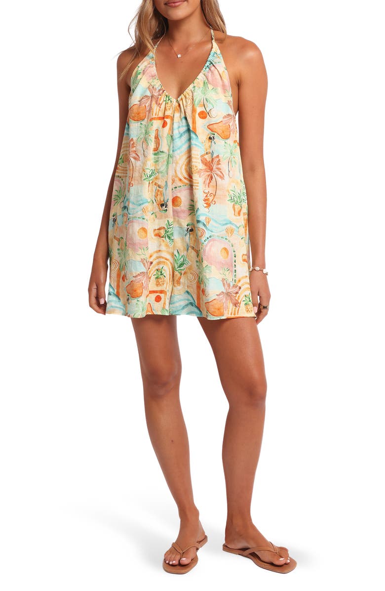 Petal & Pup Renata Open Back Cotton Blend Halter Romper, Main, color, Golden Palm