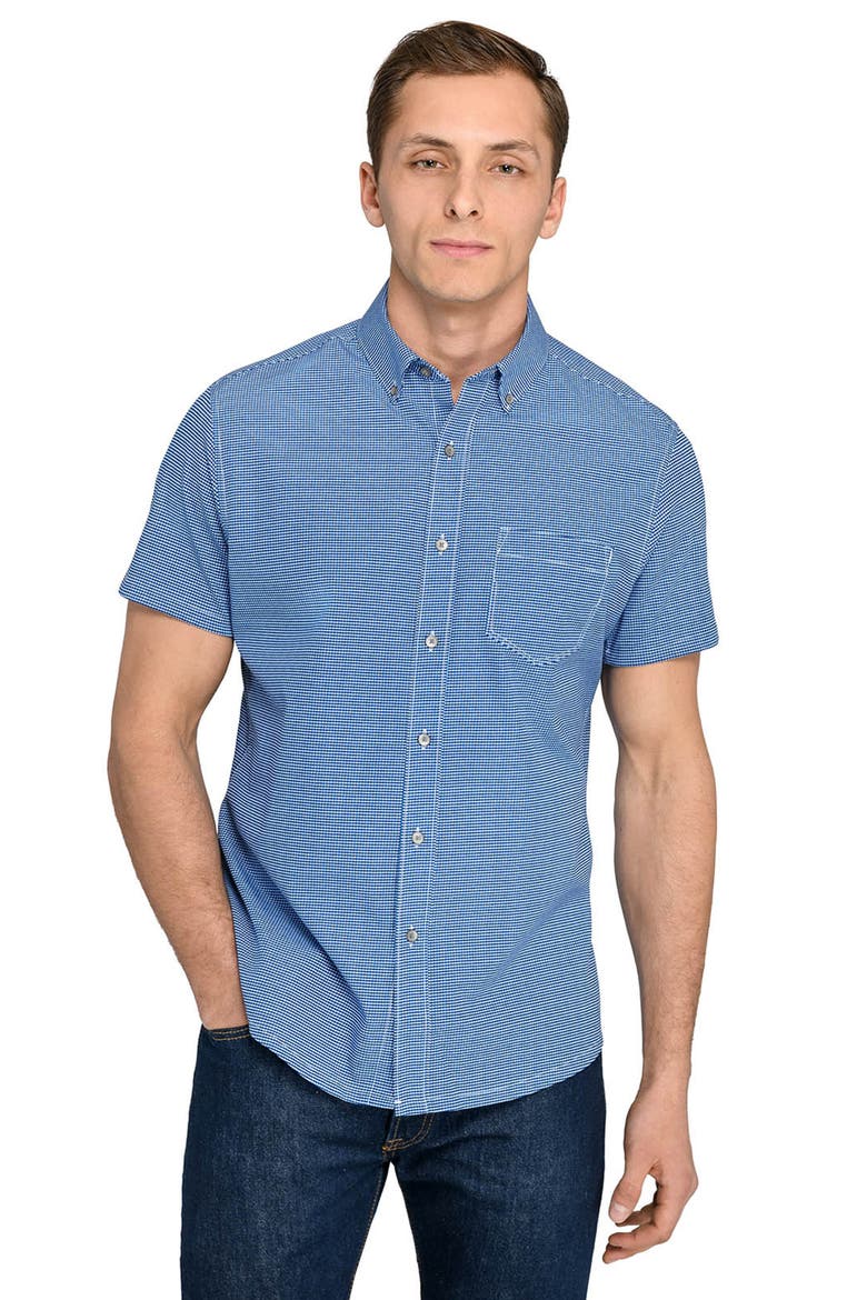 Slim Fit Micro Square Reworked Short Sleeve Button-Down Shirt, Alternate, color, NAVY