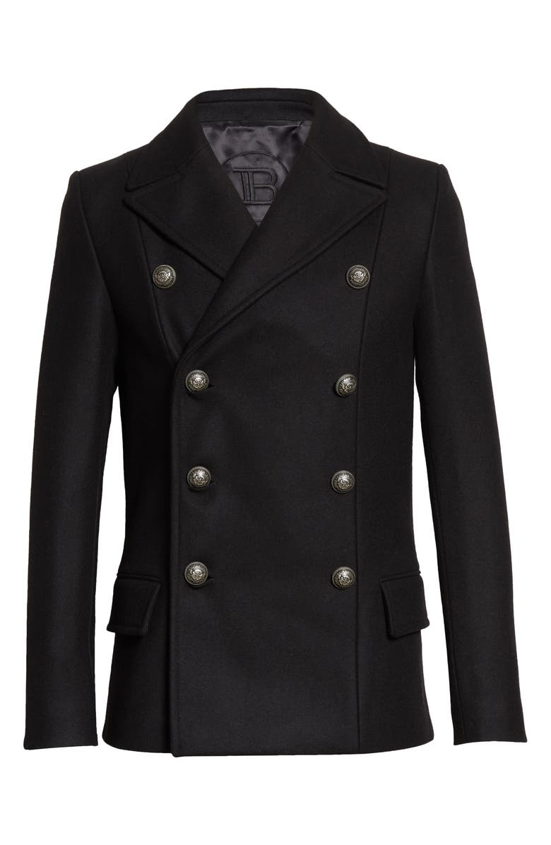 Balmain Double Breasted Wool Blend Peacoat, Alternate, color, 