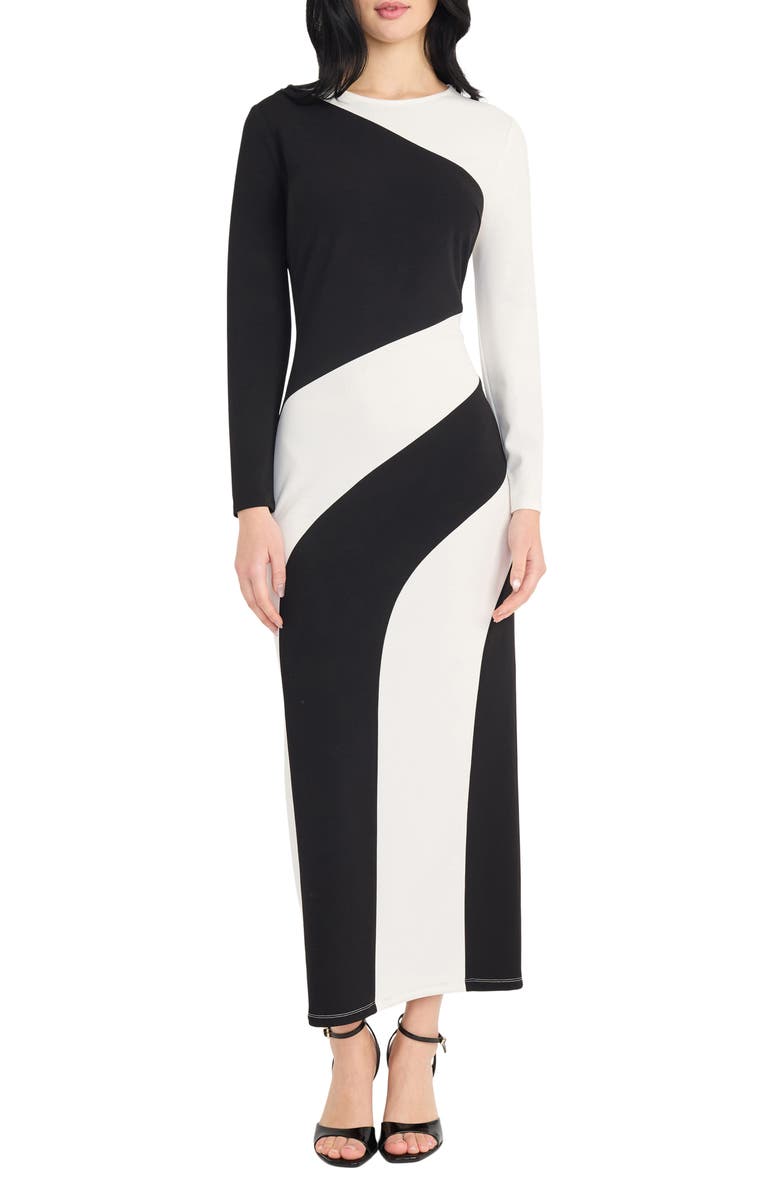 DONNA MORGAN FOR MAGGY Colorblock Long Sleeve Maxi Dress, Main, color, Black/ Ivory