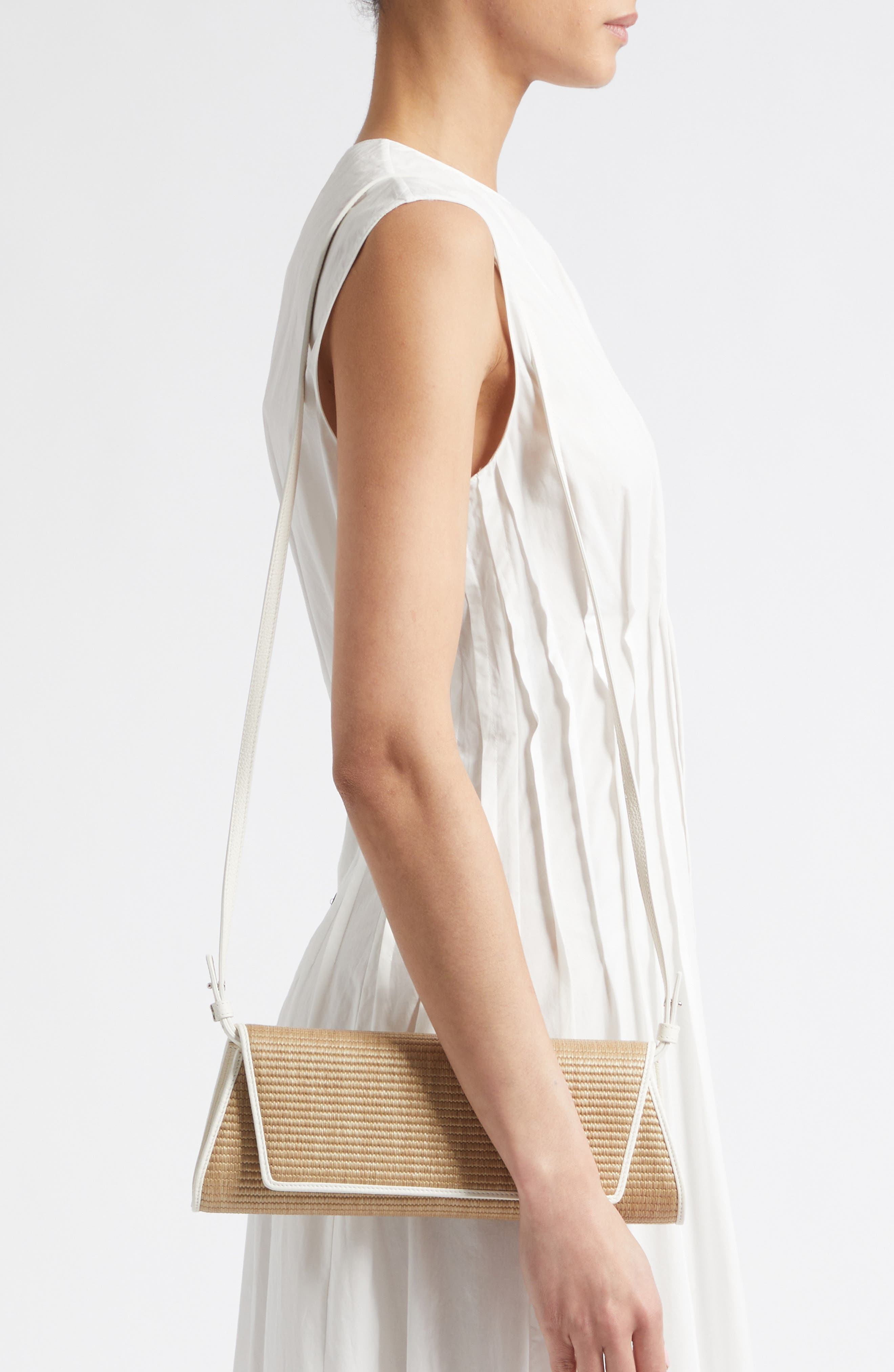 Akris Small Anouk East/West Trapezoid Raffia & Leather Clutch, Alternate, color, Nature-White