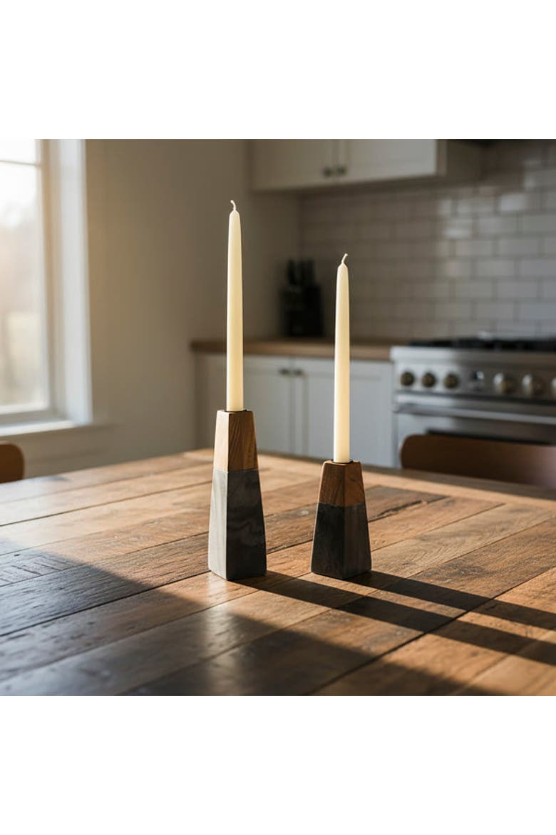 Tapered Black Marble & Acacia Sculptural Candleholders, Alternate, color, Black - Large