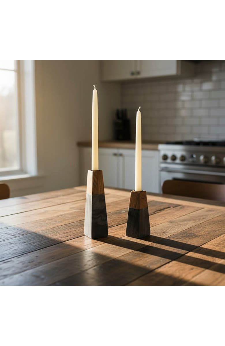 Mela Artisans Tapered Black Marble & Acacia Sculptural Candleholders, Alternate, color, Black - Large