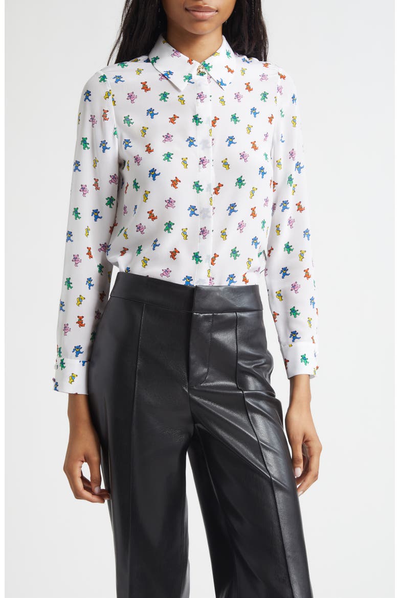 x Grateful Dead Willa Print Silk Button-Up Shirt, Main, color, RAINBOW BEARS