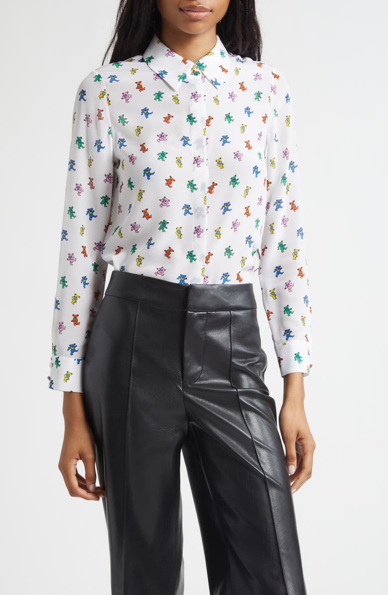 Alice + Olivia x Grateful Dead Willa Print Silk Button-Up Shirt, Main, color, Rainbow Bears