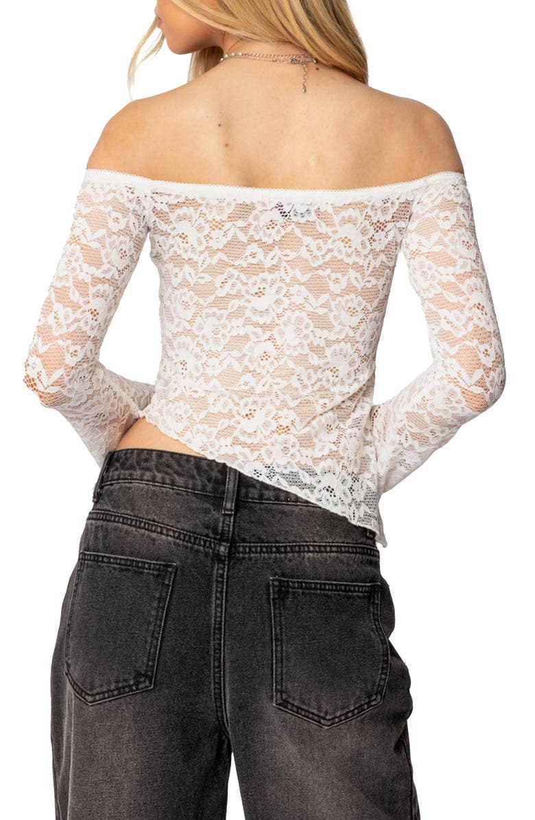 EDIKTED Off the Shoulder Asymmetric Lace Top, Alternate, color, White