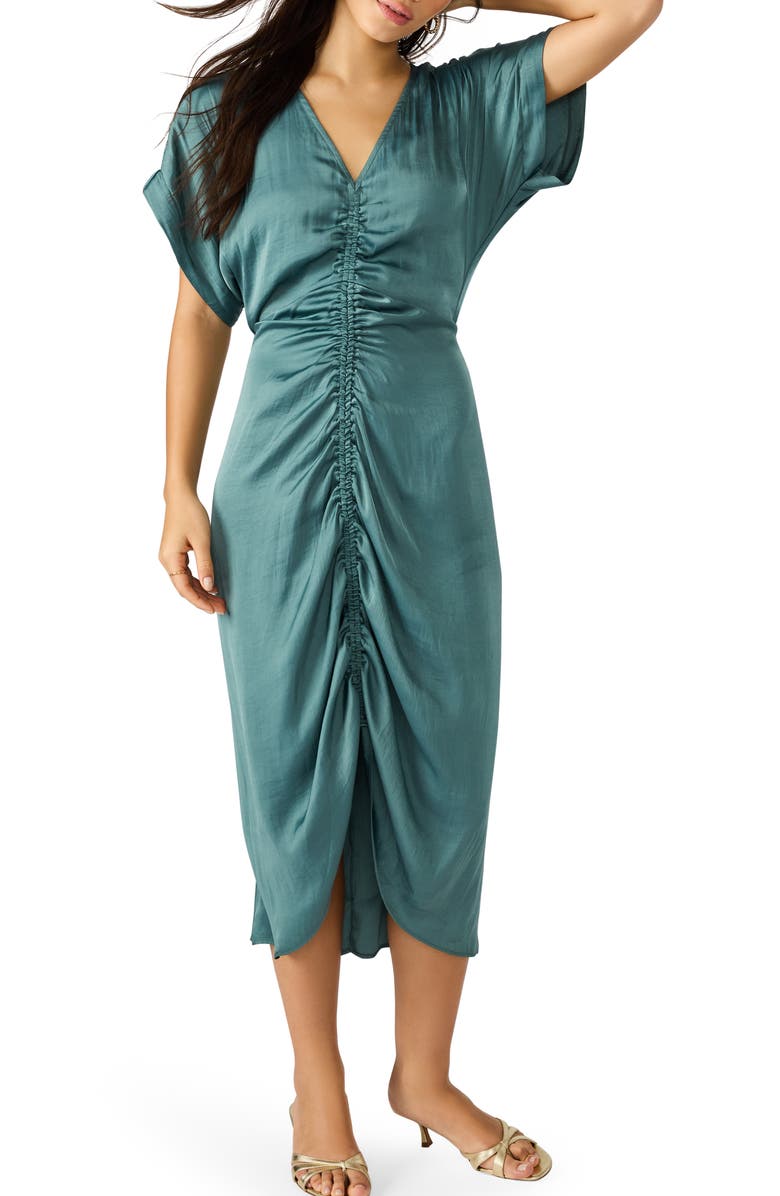 Steve Madden Aimee Ruched Front Midi Dress, Main, color, Dusty Teal