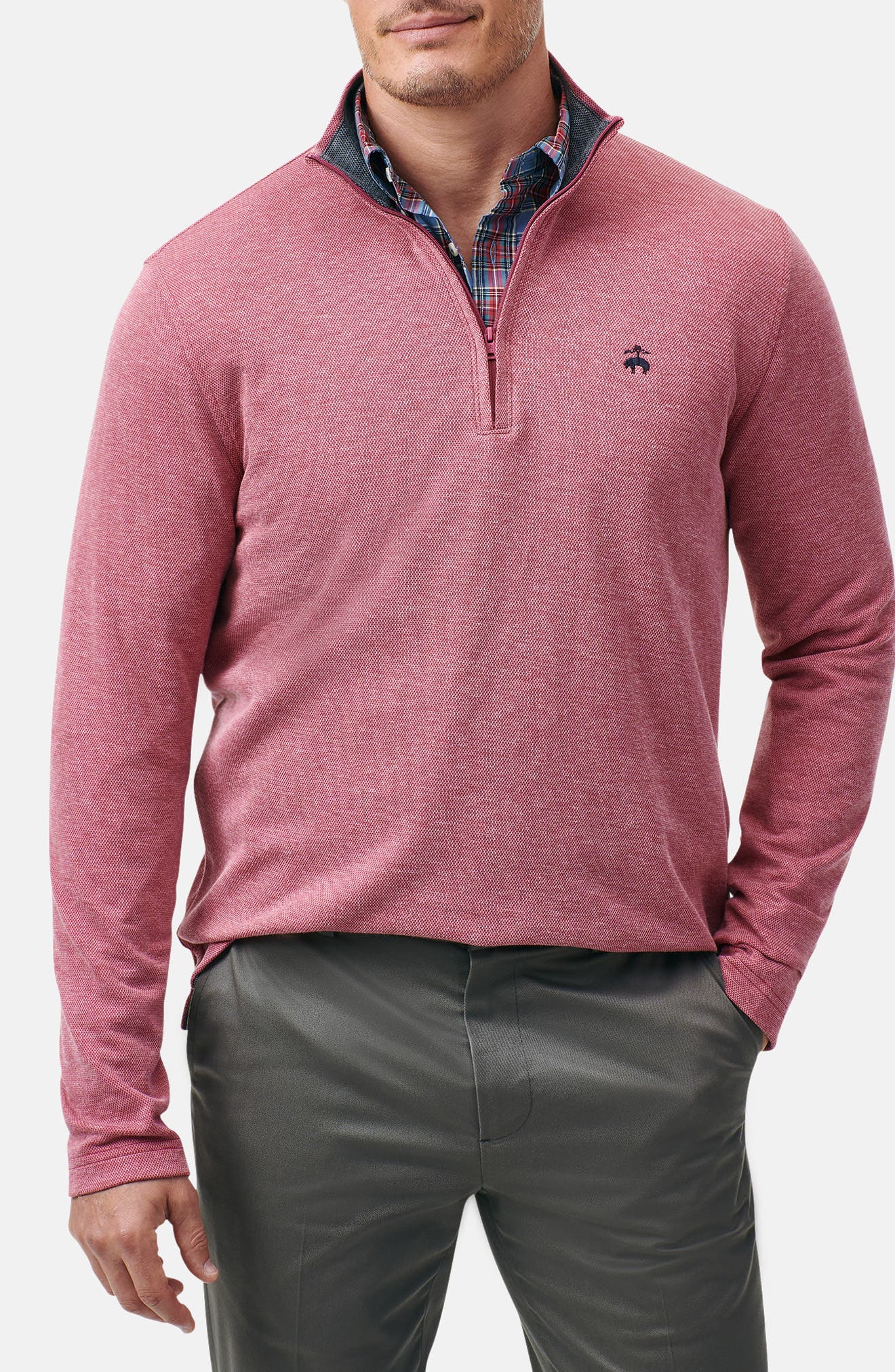 BROOKS BROTHERS BROOKS BROTHERS HEATHERED PIQUÉ HALF ZIP PULLOVER