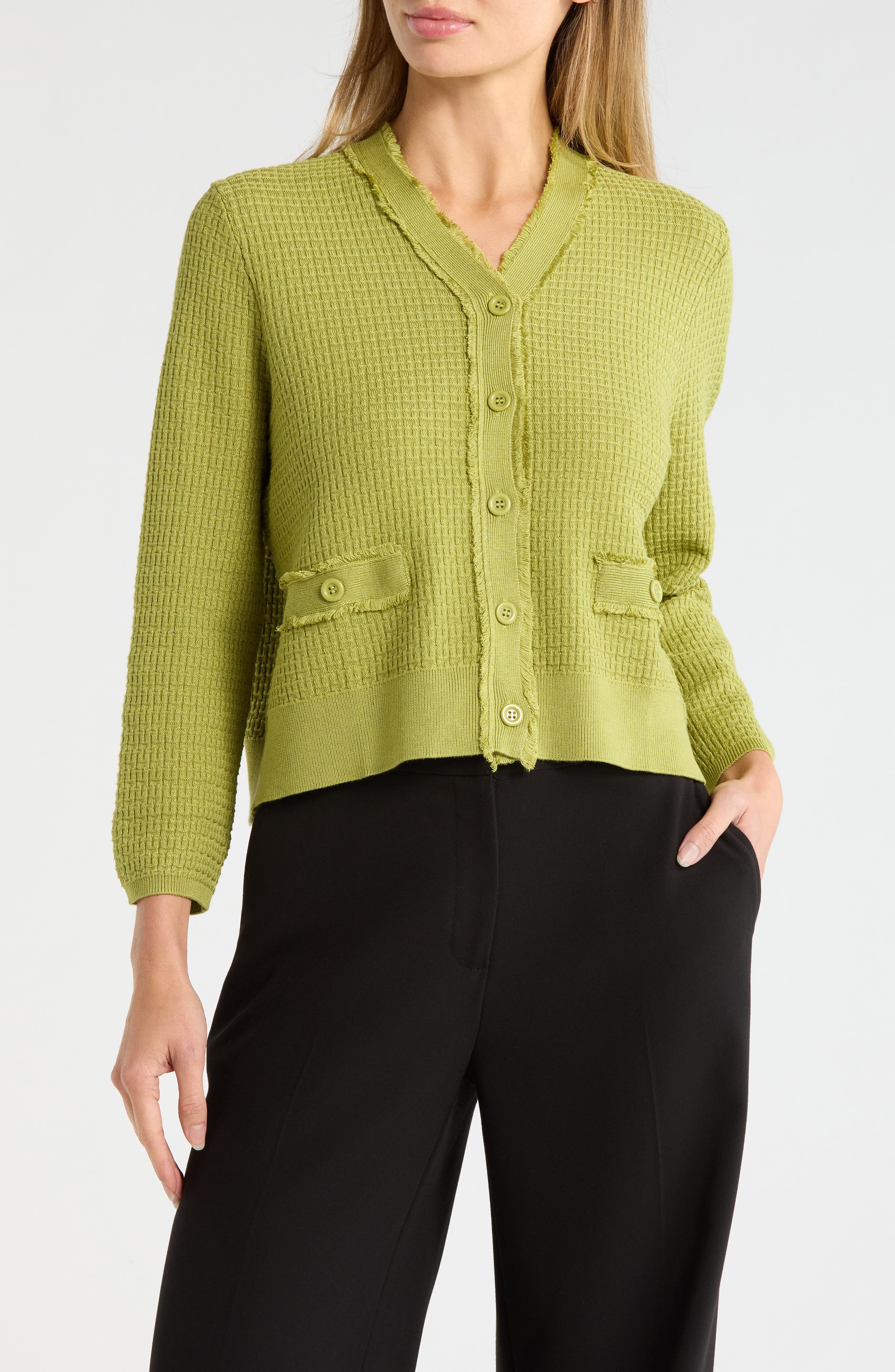 Adrianna Papell Frayed Waffle Knit Cardigan