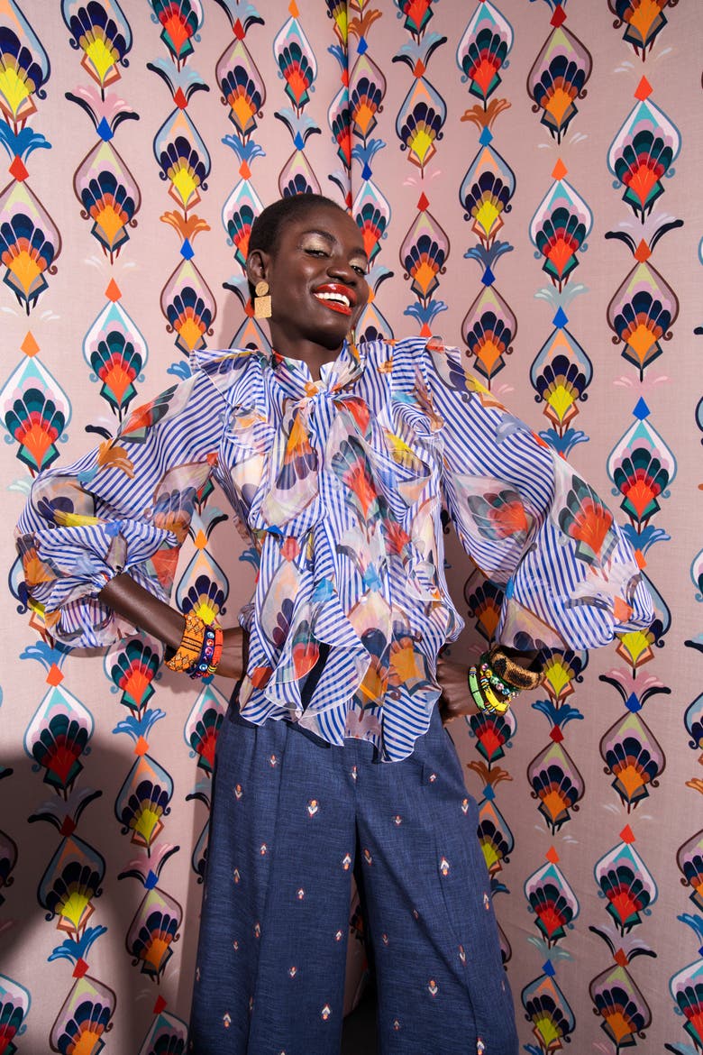 Printed Silk Organza Blouse With Flounces Stripes - print with geometric tulip design, Alternate, color, White / Blue Multicolo