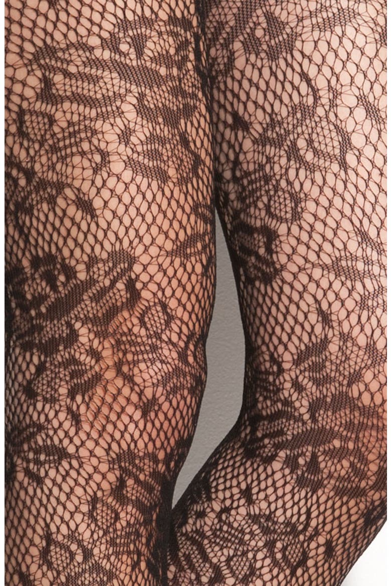 'Rose Floral' Fishnet Stockings, Alternate, color, BLACK