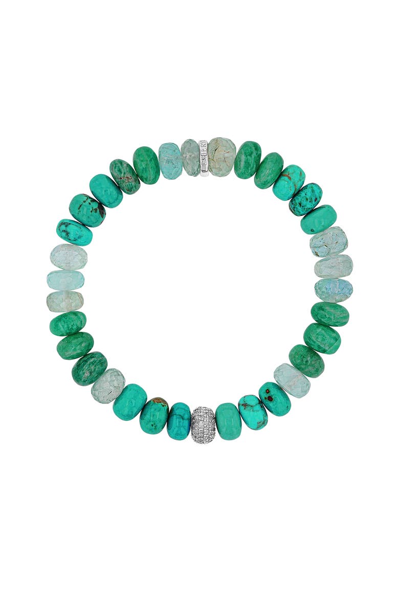 Turquoise Mix 8mm Bead Bracelet with Diamond Donut, Alternate, color, Turquoise / Sterling Silver