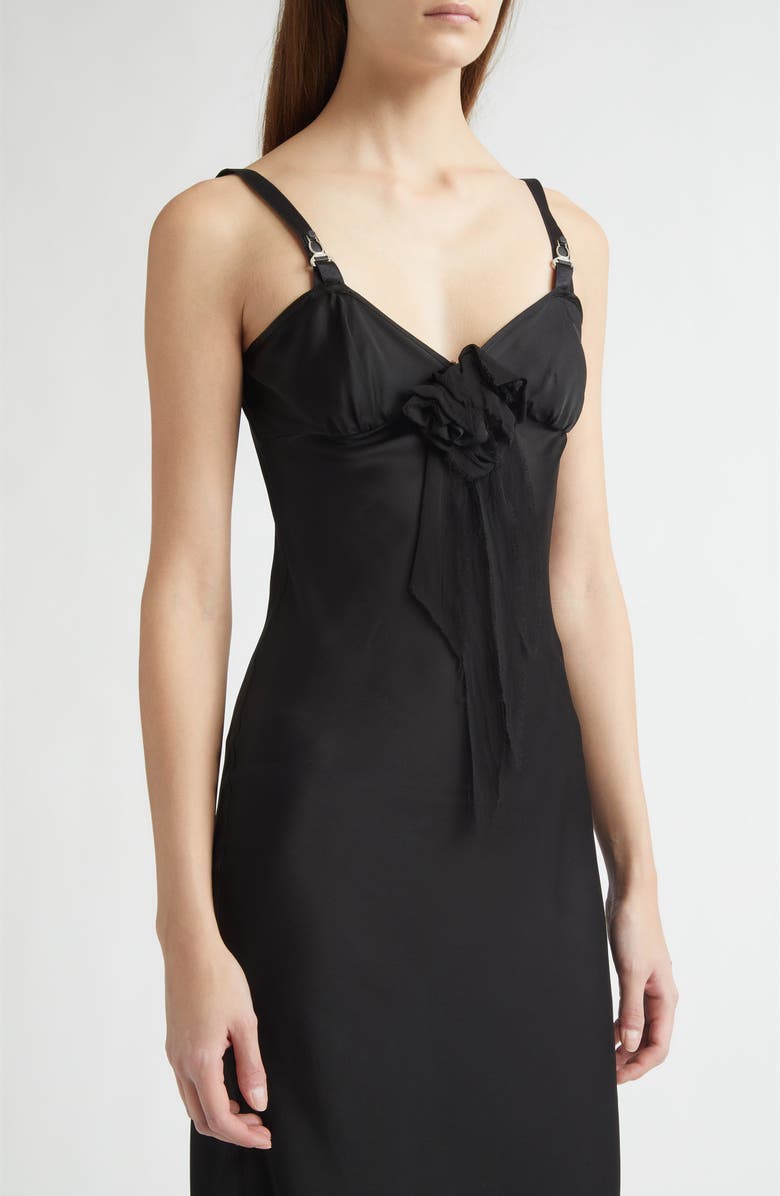 Meruert Tolegen Satin Slipdress with Chiffon Appliqué, Alternate, color, Black