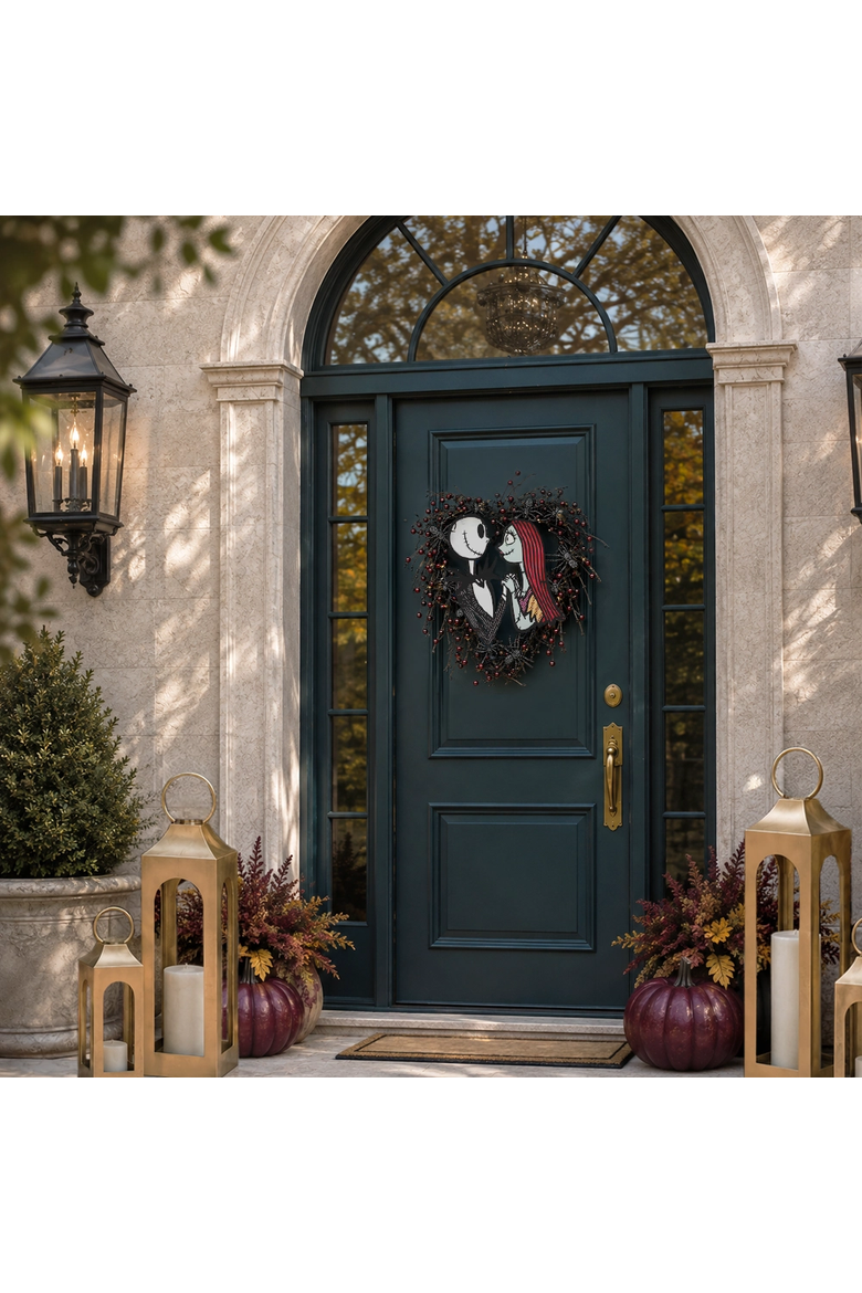 Disney Jack Skellington and Sally 26-Inch Pre-Lit Halloween Wreath, Alternate, color, Black