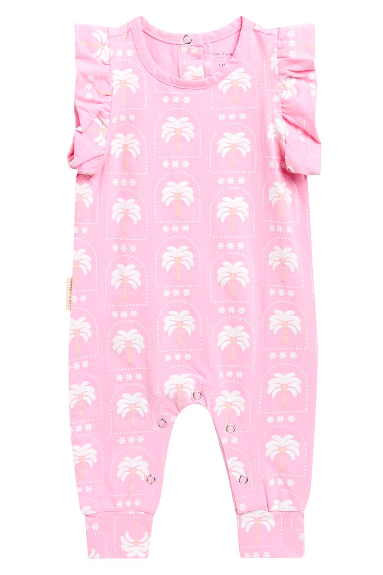 Palm Ruffle Stretch Cotton Romper, Main, color, PINK