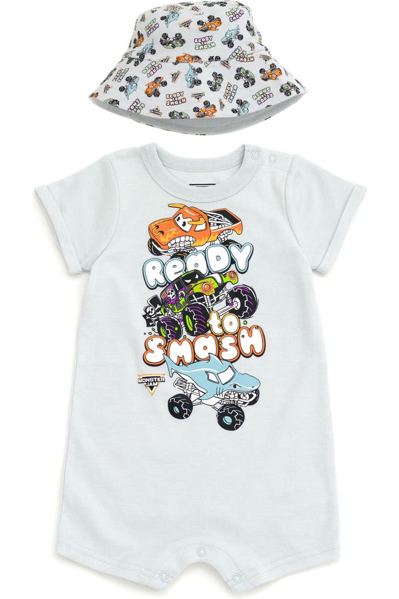One Piece Romper and Bucket Hat Set, Main, color, Blue Gray