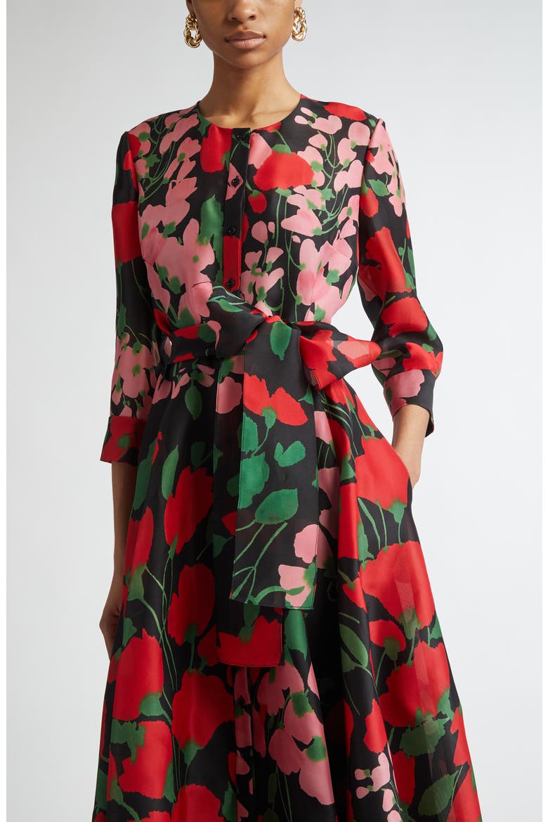 Floral Print Silk Gazar Trench Gown, Alternate, color, BLACK MULTI