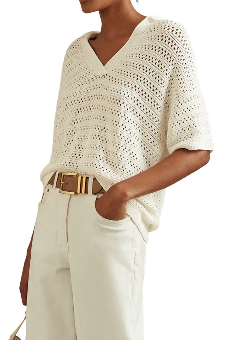 Carla Open Stitch Polo Sweater, Main, color, IVORY