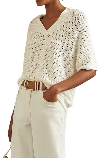 Reiss Ivory Carla Knitted Open-collar Polo Shirt