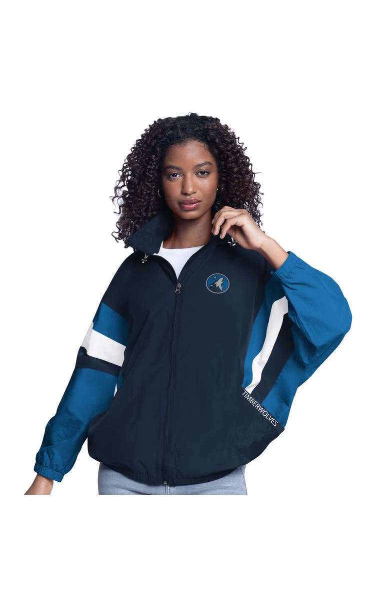 G-III SPORTS BY CARL BANKS Women's G-III Sports by Carl Banks Navy/Blue Minnesota Timberwolves Game News Oversized Full-Zip Hoodie Jacket, Main, color,