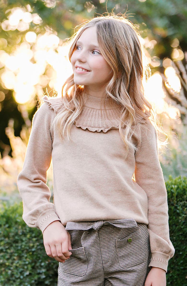 Hope & Henry Kids' Organic Long Sleeve Mock Neck Sweater with Ruffle, Alternate, color, Camel Heather