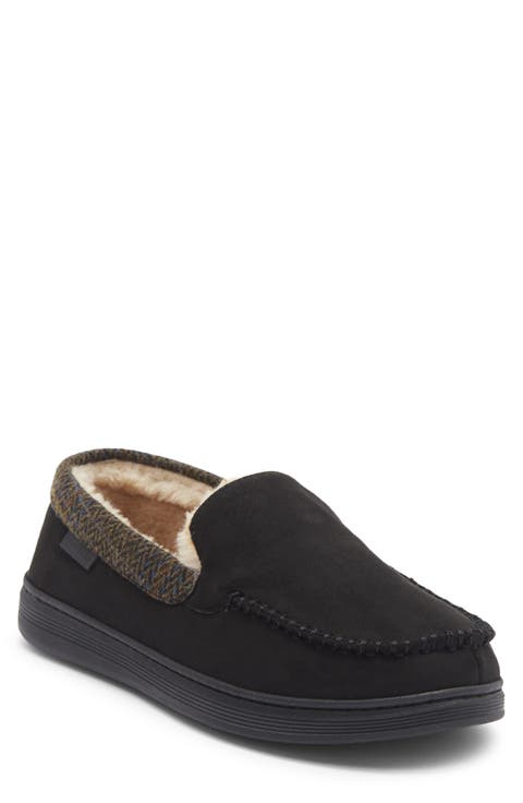 Plaid Trim Faux Fur Lined Microsuede Slipper (Men)