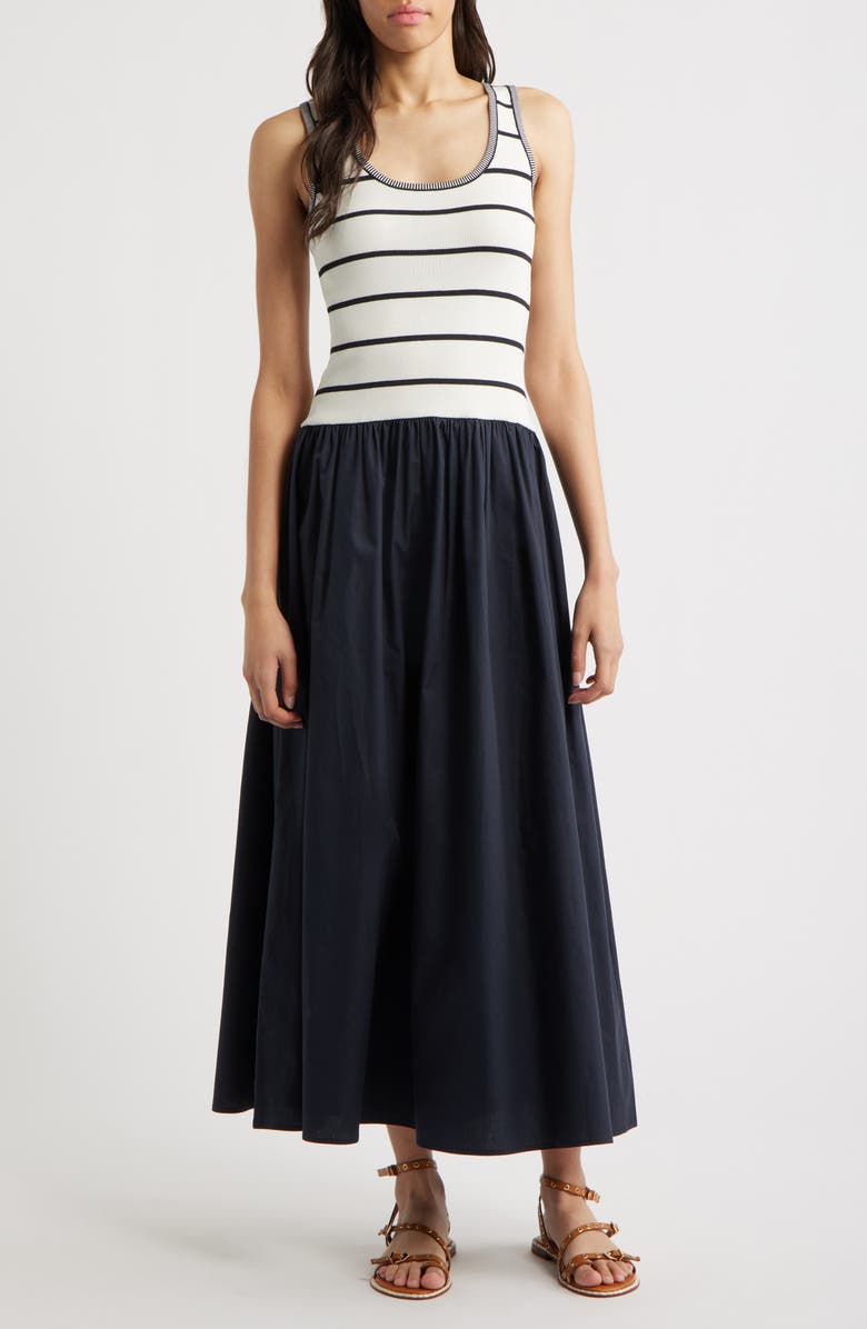 MOON RIVER Mixed Media Maxi Dress, Main, color, Navy