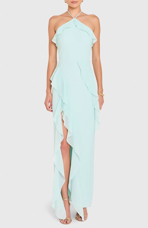 Alessandra Halter Neck Ruffle Trim Gown
