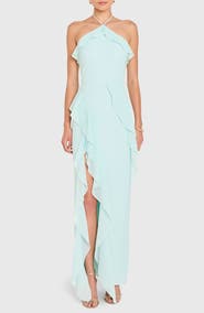 Amanda Uprichard Alessandra Halter Neck Ruffle Trim Gown