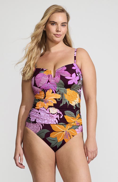 Lands' End Slender Bandeau U-wire Tankini Swimsuit Top In Dark Wine Multi Floral Blooms