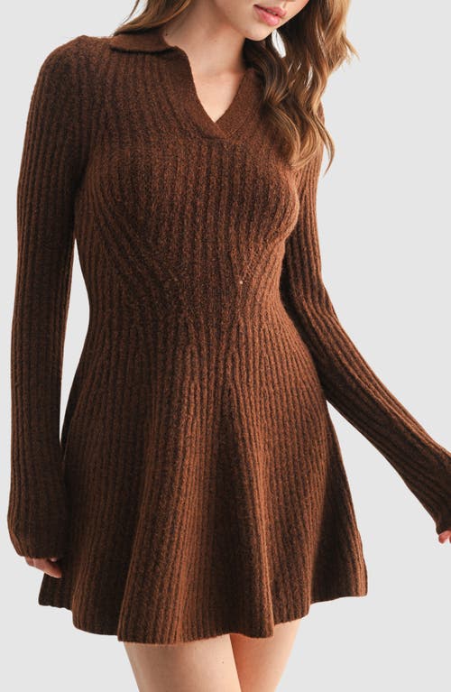 Lush Ribbed Long Sleeve Sweater Minidress In Brown