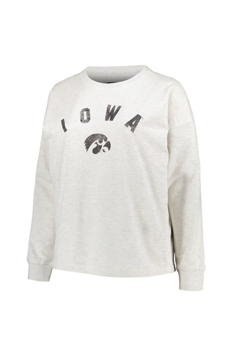 PROFILE Women's Profile Oatmeal Iowa Hawkeyes Plus Size Distressed Arch Over Logo Neutral Boxy Pullover Sweatshirt, Alternate, color, 