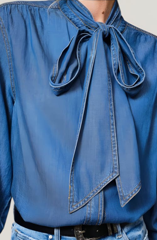 Modenaire Blouse With Tie Neck And Hidden Buttons In Blue