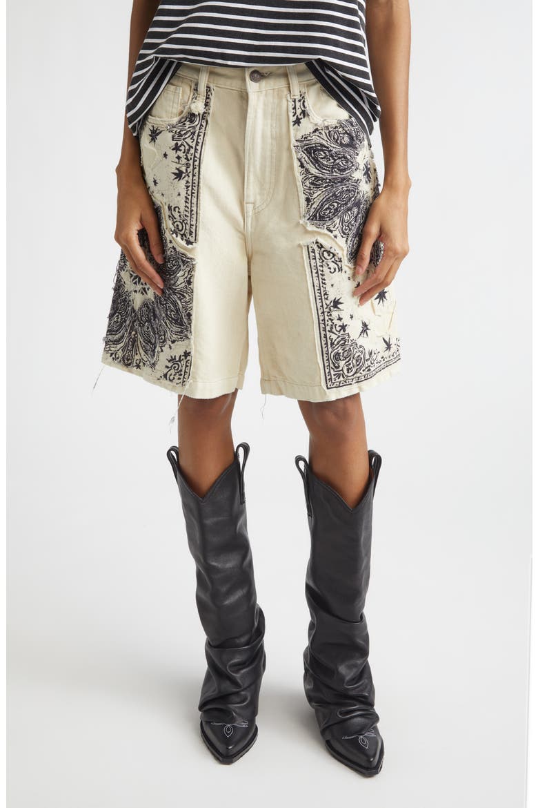 Relaxed Denim Bermuda Shorts, Main, color, ECRU BANDANA APPLIQUE