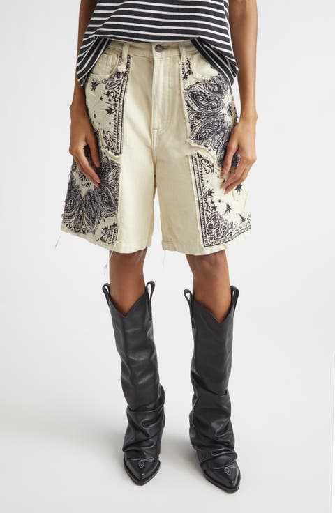 Relaxed Denim Bermuda Shorts (Ecru Bandana Appliqué)