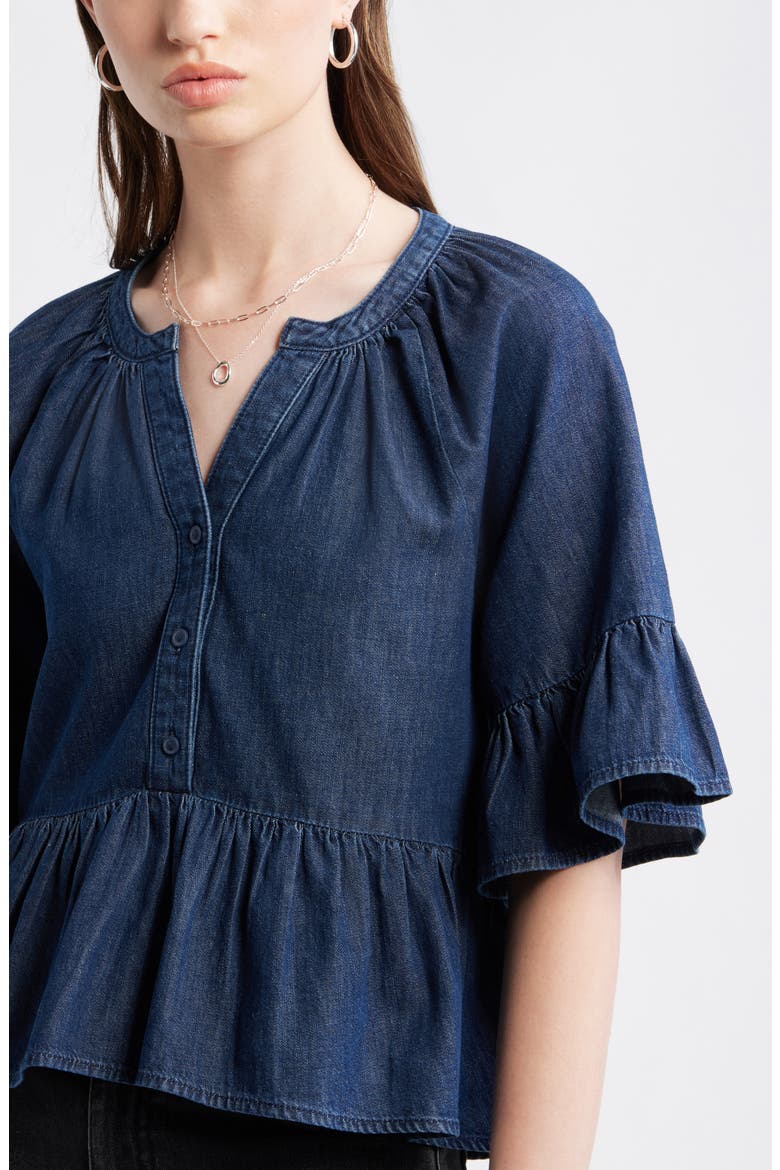 Cotton Chambray Peplum Top, Alternate, color, DARK MID WASH