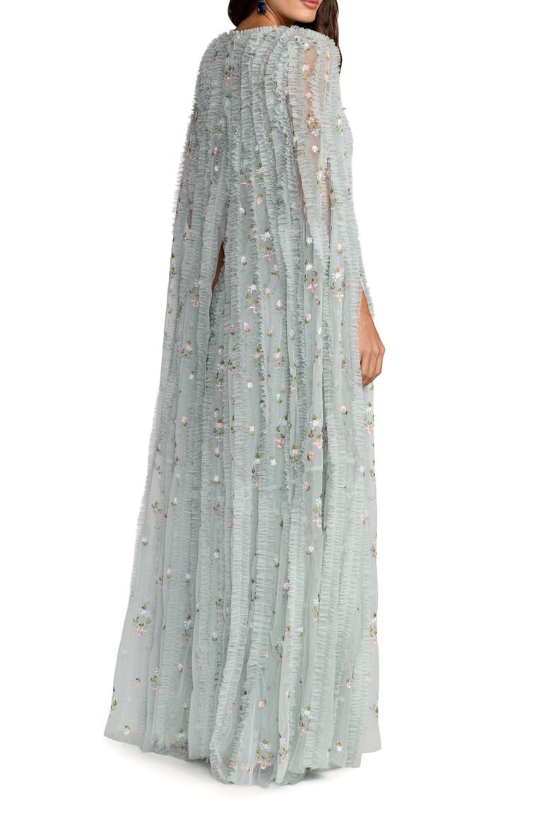 Embroidered Cape Sleeve Ruffle Detail Tulle Gown, Alternate, color, Seafoam Multi