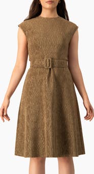 IVONNE Textured Belted A-Line Dress, Cap Sleeve Fit-and-Flare with Buckle Belt