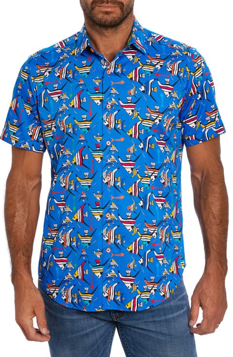 Gone Fishing Stretch Print Short Sleeve Button-Up Shirt