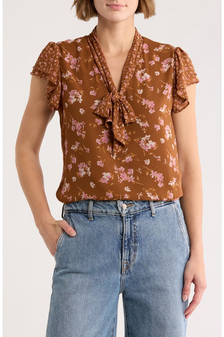 Floral Tie Neck Flutter Sleeve Top, Main, color, ROOT BEER
