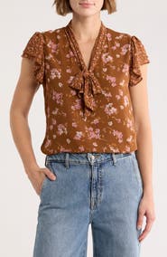 DR2 by Daniel Rainn Floral Tie Neck Flutter Sleeve Top