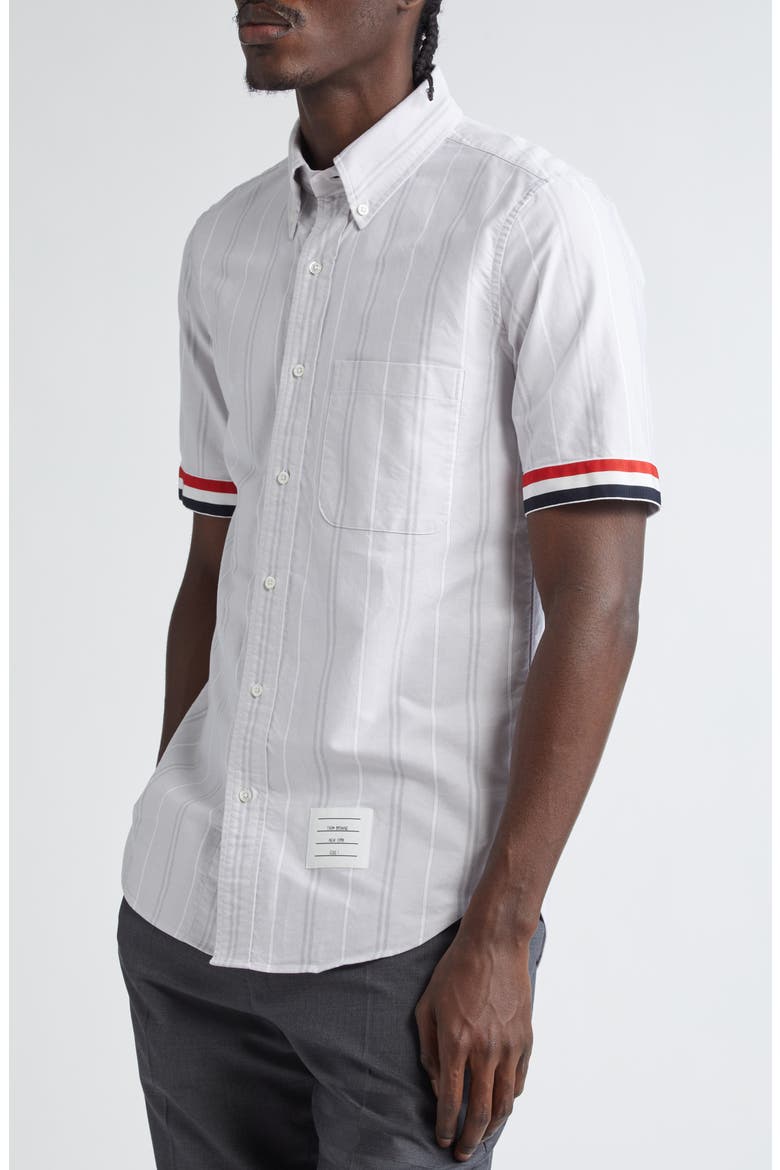 Straight Fit Stripe Short Sleeve Cotton Button-Down Shirt, Alternate, color, MEDIUM GREY