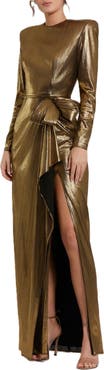 Mac Duggal Metallic Jersey Long Sleeve Gown With Bow