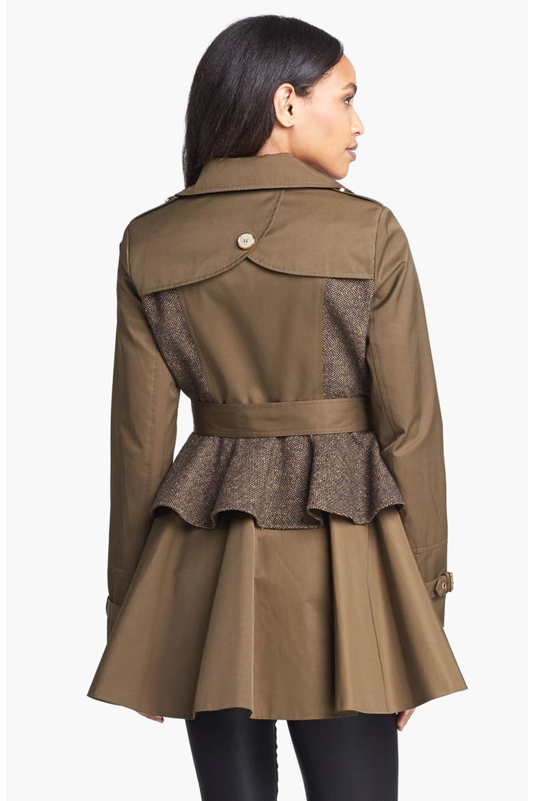 Tweed Panel Peplum Trench Coat, Alternate, color, OLIVE