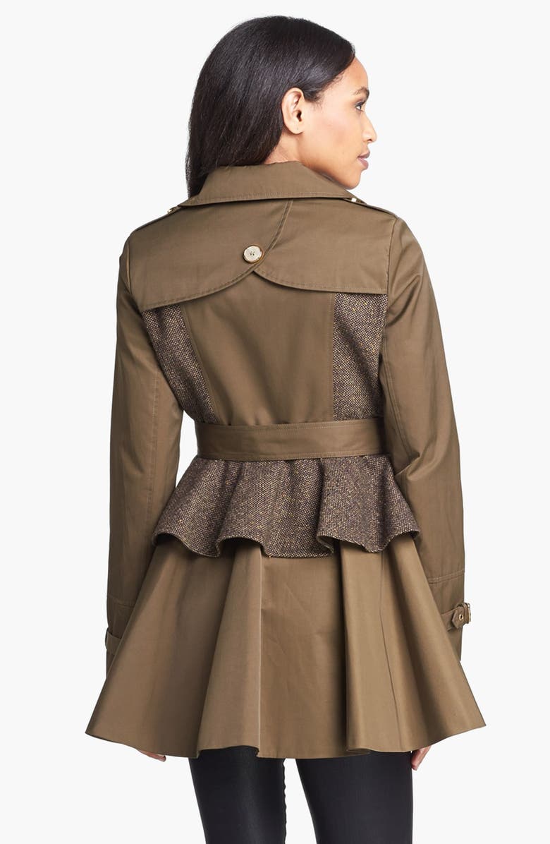 Steve Madden Tweed Panel Peplum Trench Coat, Alternate, color, 