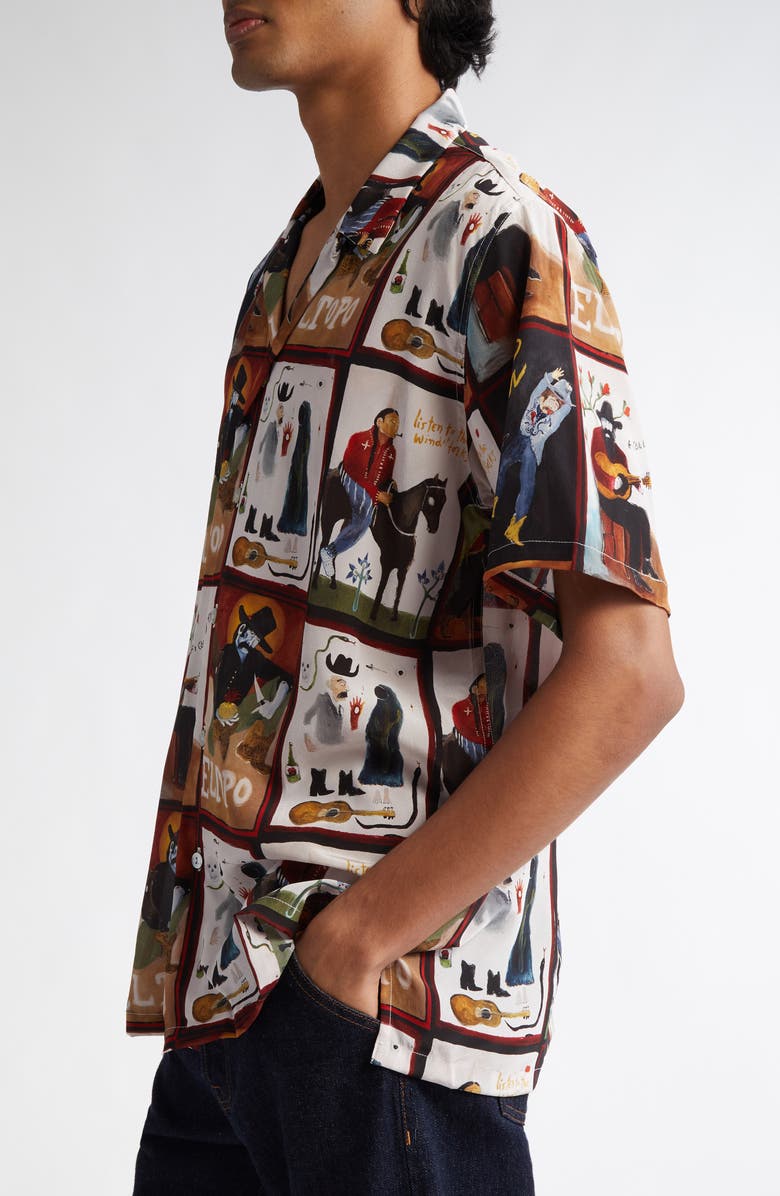 ENDLESS JOY Dead Man Print Silk Crepe Button-Up Shirt, Alternate, color, 