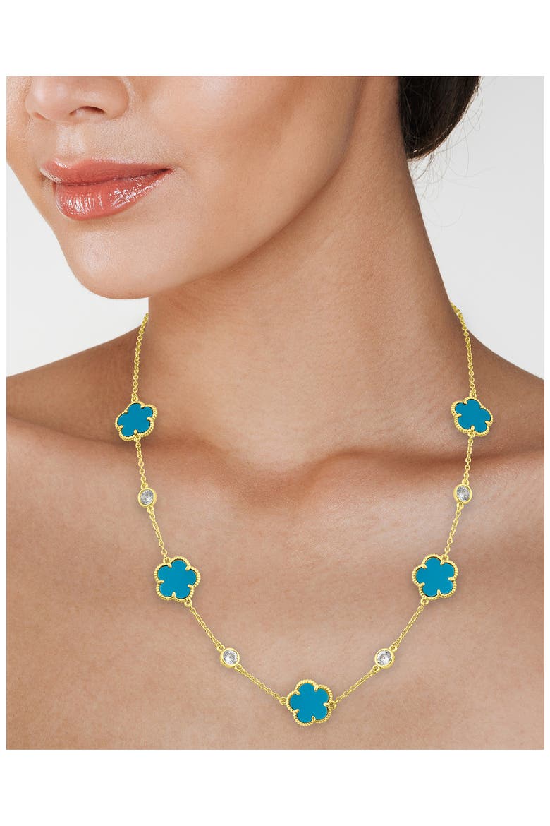 Cubic Zirconia & Clover Station Necklace, Alternate, color, TURQUOISE/ GOLD
